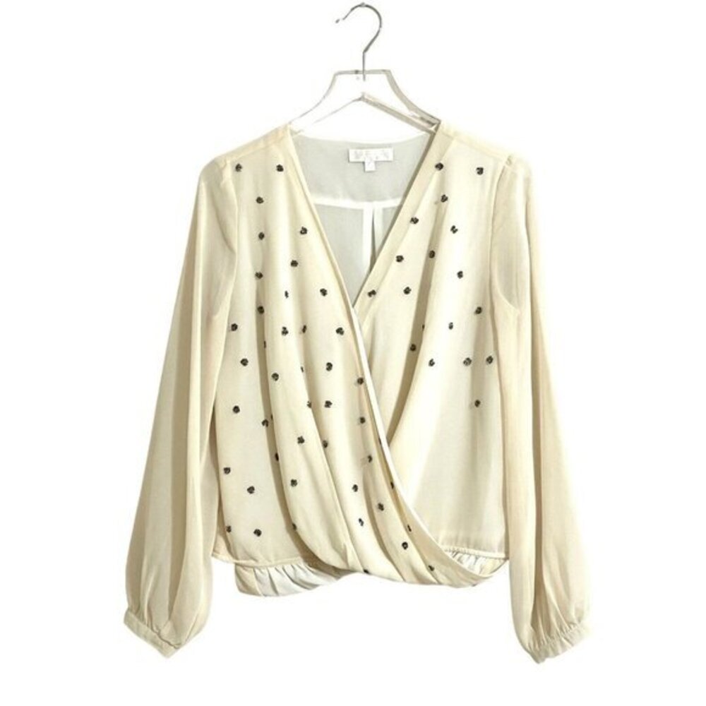 MM Couture Beaded Chiffon Double Breasted Faux Wrap Ivory Blouse Sz M NEW